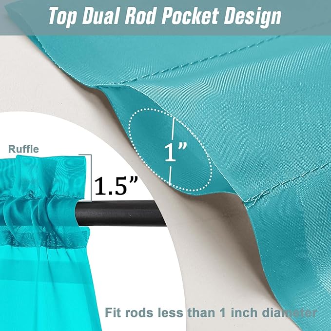 Window Sheer Curtains 54 inch Length, Soft Airy Light Filtering Sheer Curtain 2 Panels Set, Dual Rod Pocket Gauze Drapes for Living Room Bedroom, Turquoise, 2x42Wx54L Inches
