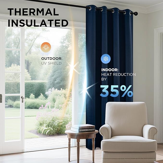 Joydeco Blackout Curtains 95 Inches Long 1 Panel, Thermal Insulated Long Curtains& Drapes 1 Piece, Room Darkening Grommet Drapes for Living Room Bedroom Window (W70 x L95 Inch, Navy Blue)