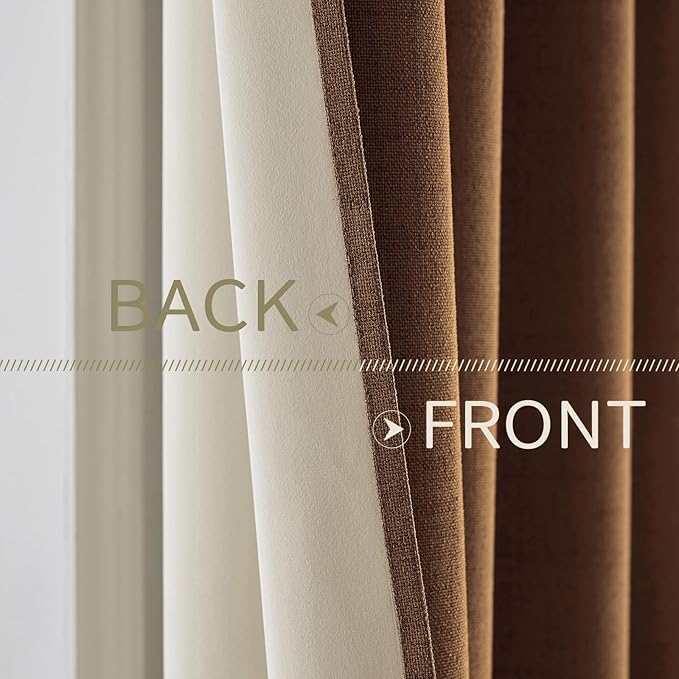 MIULEE Linen Curtains for Bedroom 100% Blackout Thermal Insulated Brown Grommet Room Darkening Curtains & Drapes Fall Decor for Living Room Nursery 52 x 45 Inch (2 Panels)