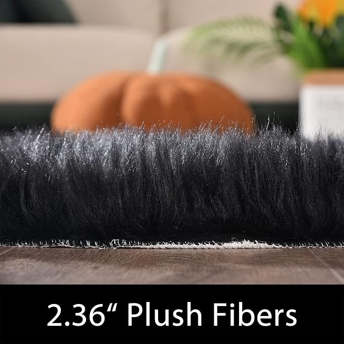 Latepis Black Shag Round Rug 5ft Washable Shaggy Circle Rugs Faux Fur Fuzzy Throw Rug for Living Room Bedroom Dorm Large Rugs Room Decor