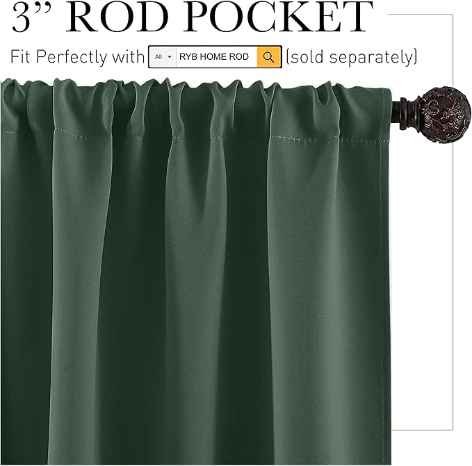 RYB HOME Kitchen Blackout Curtains Over Sink 36 inch Length, Rod Pocket Summer Light UV Blocking Energy Efficient, Cabinet Shelf Cupboard Coverings, Width 29 by Length 36, Dark Green, 2 Panels