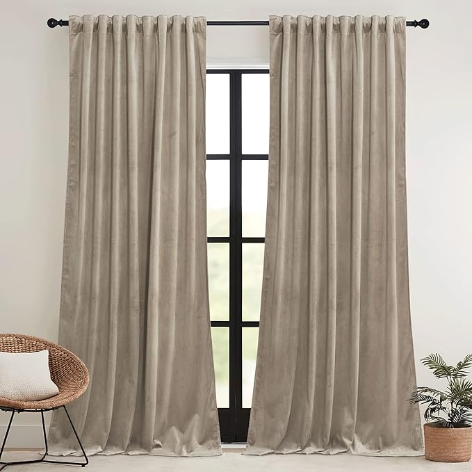 RYB HOME Camel Beige Velvet Curtains 108 inch, Room Darkening Window Curtains with Multiple Hanging Options Heavy Duty Plush Backdrop for Bedroom Guest Room, W52 x L108 inch, 2 Panels