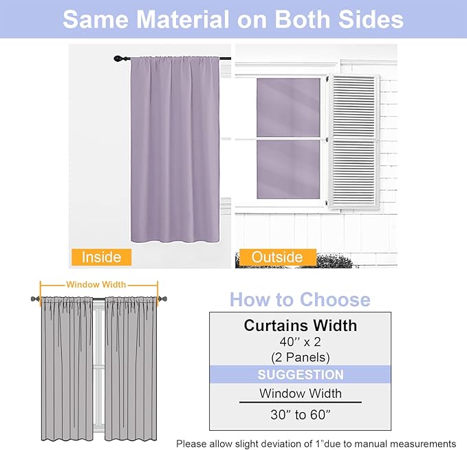 Simplebrand Ava Lilac Blackout Curtains for Bedroom 72 Inch Length 2 Panels Set, Privacy Thermal Insulated Rod Pocket Window Curtains for Patio French Door Front Door, W40 x L72 Inch, Lilac