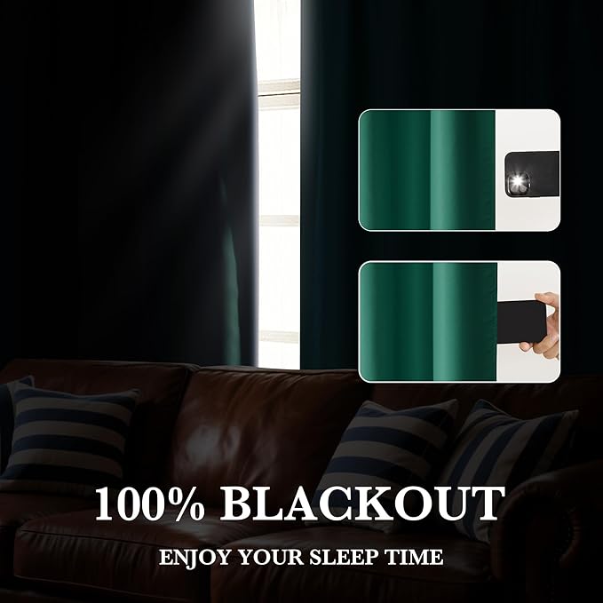RYB HOME 100% Blackout Short Curtains for Small Window, Thermal Insulated Total Room Darkening Noise Reducing Curtains for Kitchen Bathroom Basement, 42 inches Wide by 45 inches Long, Dark Green