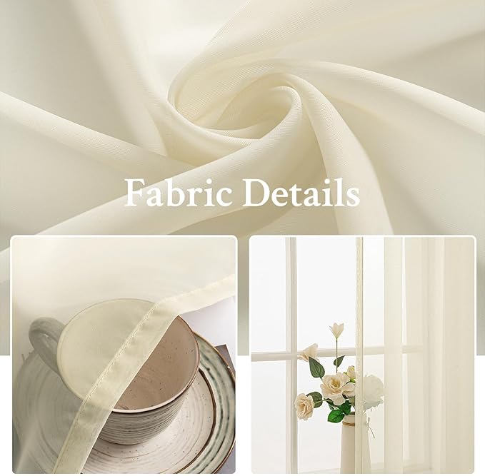 MIULEE Short Sheer Curtains 45 Inches Long, Light Cream Light Filtering Voile Drapes with Rod Pocket for Bathroom Windows, Small Window Treatments, 2 Panels Set