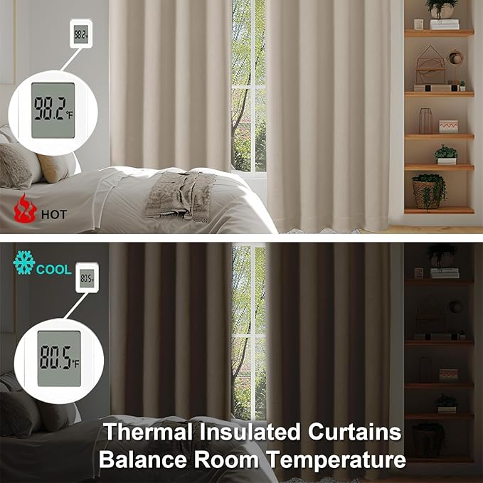 Simplebrand Ava Biscotti Beige Blackout Curtains for Bedroom 63 Inch Length 2 Panels Set, Solid Thermal Insulated Energy Saving Rod Pocket Window Treatment Curtains Blackout Drapes, W40 x L63 Inch