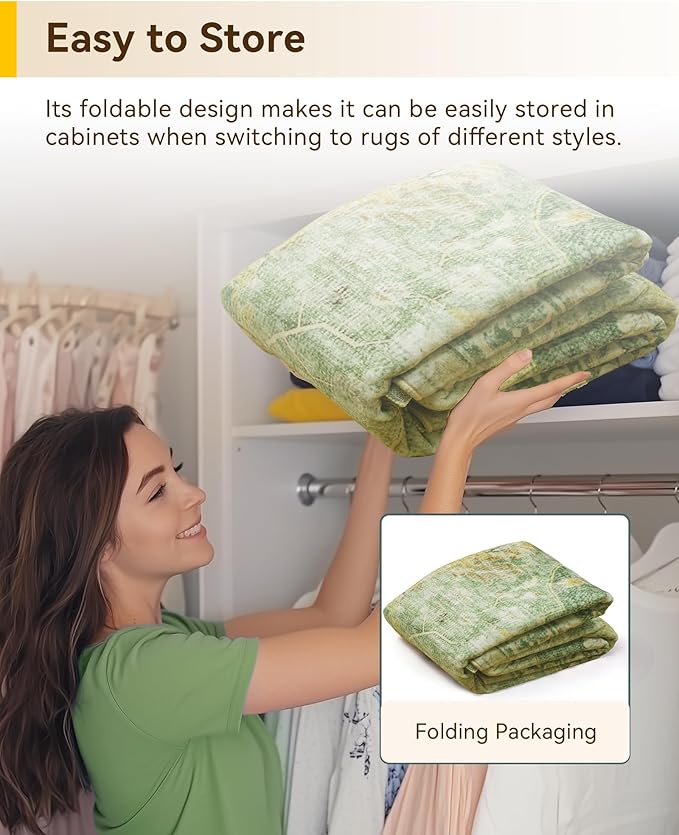 RELEANY Area Rugs 10'x14' Washable Non-Slip, Floral Vintage Distress Print Pattern Medallion Carpet for Living Room Bedroom Dining Room, Sage Green Yellow
