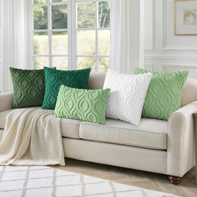 decorUhome Throw Pillow Covers 20x20 Inch Set of 2, Soft Plush Faux Wool Green Solid Couch Pillow Covers, Accent Farmhouse Neutral Square Pillow Cases for Sofa Bed Living Room