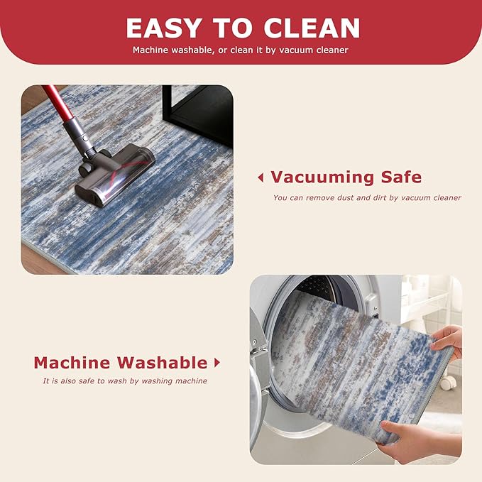 KOZYFLY Modern Abstract 3x5 Large Entryway Rug Non-Slip Washable Area Rug, Blue Rust Throw Rugs Indoor Mat for High-Traffic Door Entrance, Kitchen, Laundry, Nursery, Soft Bedroom Living Room Accent