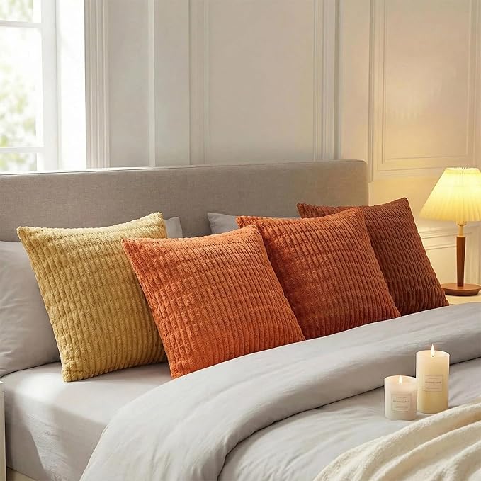 Fancy Homi Set of 4 Burnt Orange Fall Boho Decorative Throw Pillow Covers 28x28 Inch for Couch Bed Sofa, Aesthetic Modern Bohemian Room Decor, Fuzzy Fluffy Cozy Corduroy Textured Cushion Case 71x71cm