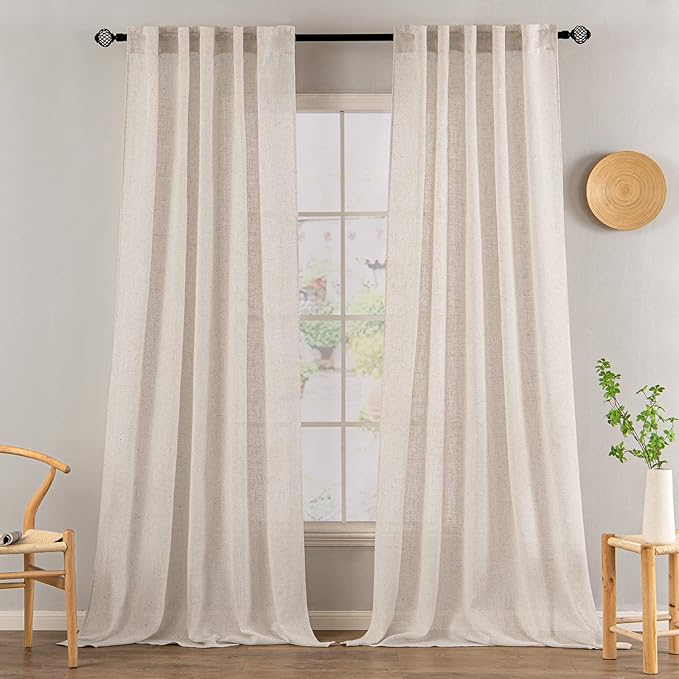 MIULEE Natural White Linen Curtains 104 Inch Length 2 Panels for Bedroom Living Room, Soft Thick Linen Textured Window Drapes Semi Sheer Light Filtering Back Tab Rod Pocket Burlap Look Decor