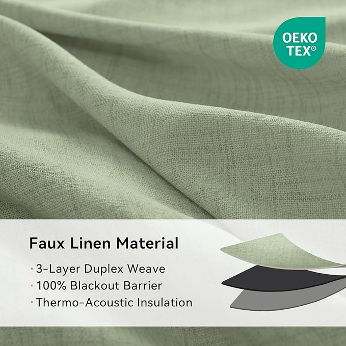 100% Blackout Shield Linen Blackout Curtains for Bedroom, Sage Green Grommet Curtains for Living Room, Thermal Insulated Room Darkening Drapes for Nursery, Boho Home Decor, 50" W x 90" L, 2 Panels