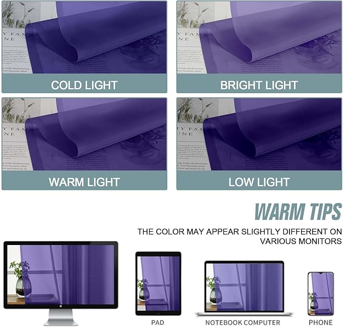 Purple Sheer Curtains 90 Inches Long 2 Panels, Light Filtering Solid Sheer Curtains for Bedroom Living Room, Lightweight Soft Airy Window Voile Sheer Drapes, Dual Rod Pocket, 2x42Wx90L Inches
