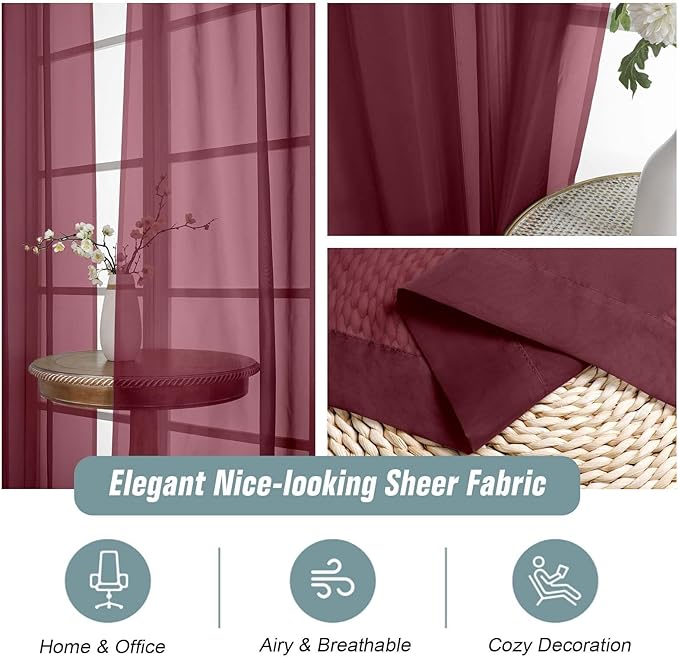 Burgundy Window Sheer Curtains 45 Inches Length, Voile Short Curtains for Living Room Bedroom, Modern Soft Window Drapes 2 Panels Set, Top Dual Rod Pocket Design, 2x42Wx45L Inches