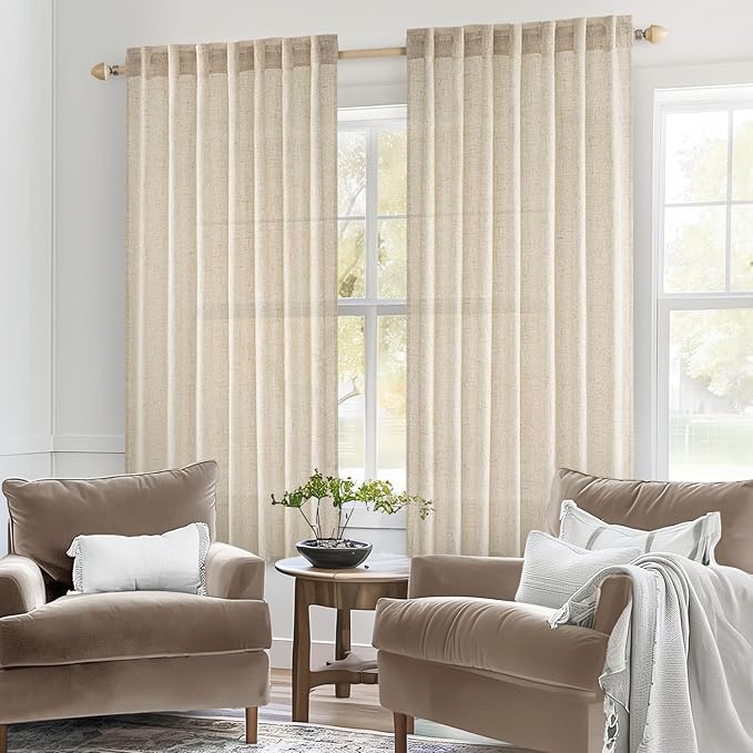 MIULEE Light Taupe Linen Curtains 54 Inch Length 2 Panels for Bedroom Living Room, Soft Linen Textured Window Drapes Semi Sheer Light Filtering Back Tab Rod Pocket Farmhouse Modern Burlap Look Decor