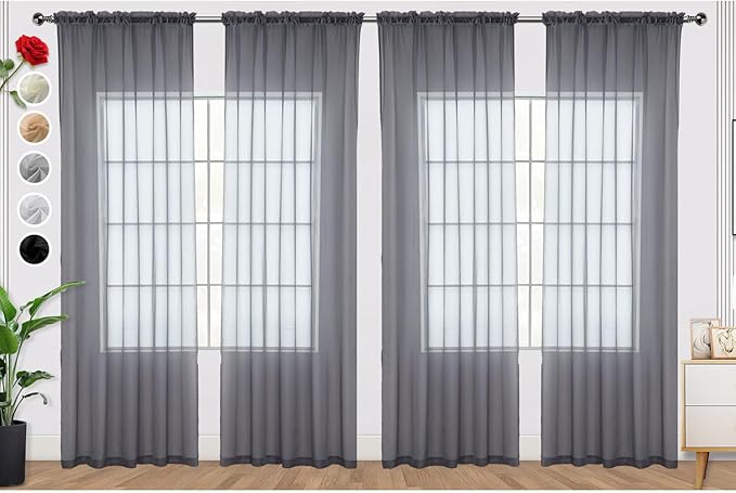 SpaceDresser Grey Sheer Curtains 4 Panels Rod Pocket Semi-Sheer Curtain 54 Inches Long Light Filtering Voile Window Drapes for Bedroom Living Room Kitchen, Each 52W x54L