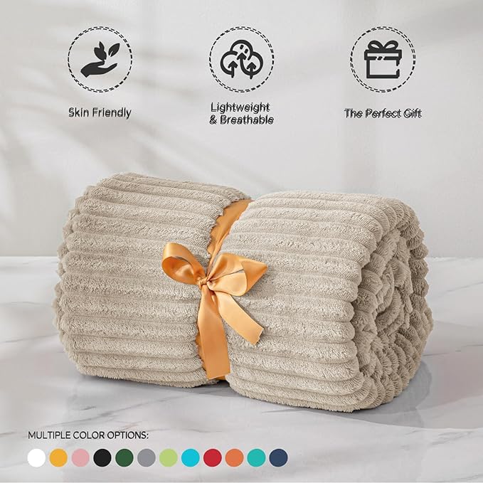 BEDELITE Fleece Blanket Full Size – 3D Ribbed Jacquard Soft and Warm Decorative Fuzzy Blankets – Cozy, Fluffy, Plush Lightweight Throw Blankets for Couch, Bed, Sofa(Linen, 84x90 inches)