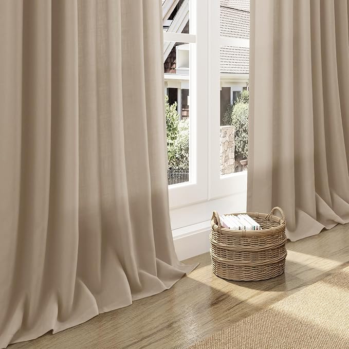 Sepia Beige Linen Curtains 112 Inches Long for Living Room Farmhouse Decor Light Filtering Semi Sheer Curtain Back Tab Rod Pocket Neutral Floor to Ceiling High Window for Bedroom 52x112, 2 Panels