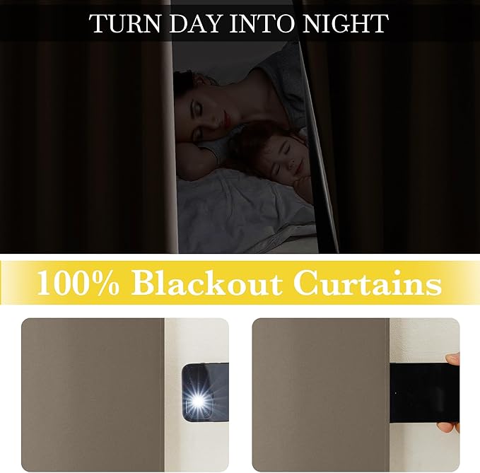 NICETOWN 100% Blackout Tan Curtains 96 inch Long, Grommet Thermal Insulated Portable Travel Blackout Window Treatment Easy to Install for Living Room/Bedroom, W52 x L96, 2 Panels