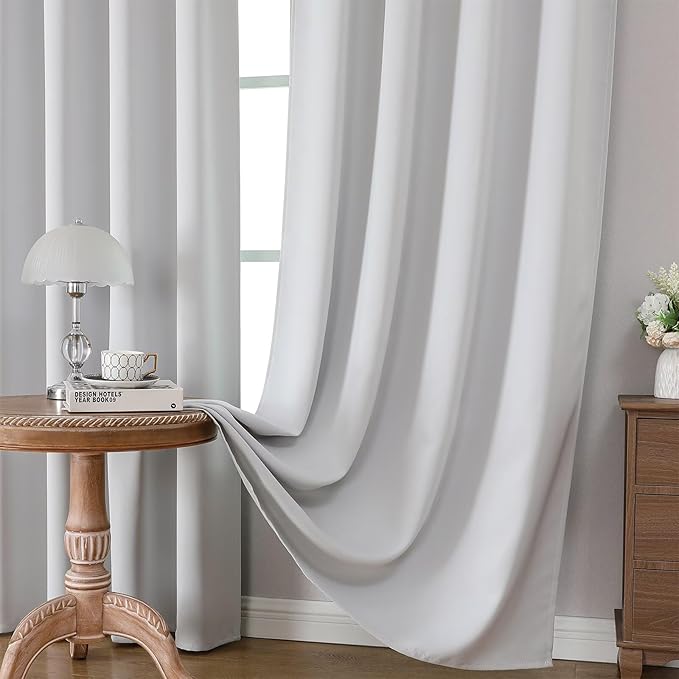 CUCRAF Grayish White Blackout Curtains 96 inch Length 2 Panels Set, Rod Pocket Room Darkening Drapes for Bedroom Living Room, Insulated Thermal Light Blocking Window Curtain (W52 x L96 Inch)
