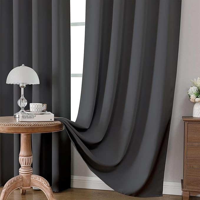 CUCRAF Dark Grey Blackout Curtains 84 inch Length 2 Panels Set, Rod Pocket Room Darkening Drapes for Bedroom Living Room, Insulated Thermal Light Blocking Window Curtain (W52 x L84 Inch)