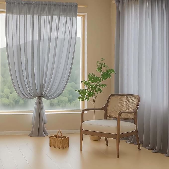 Grey Sheer Curtains for Window 96 Inches Long 2 Panels, Light Filtering Voile Sheer Curtains for Living Room Bedroom, Dual Rod Pocket Elegant Window Drapes, Charcoal Grey, 2x42Wx96L Inches