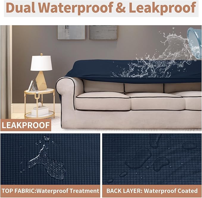 Easy-Going 100% Waterproof Oversized Chair Couch Cover, Dual Waterproof Sofa Cover, Stretch Jacquard Sofa Slipcover, Leakproof Furniture Protector for Kids, Pets, Dog and Cat, Dark Blue