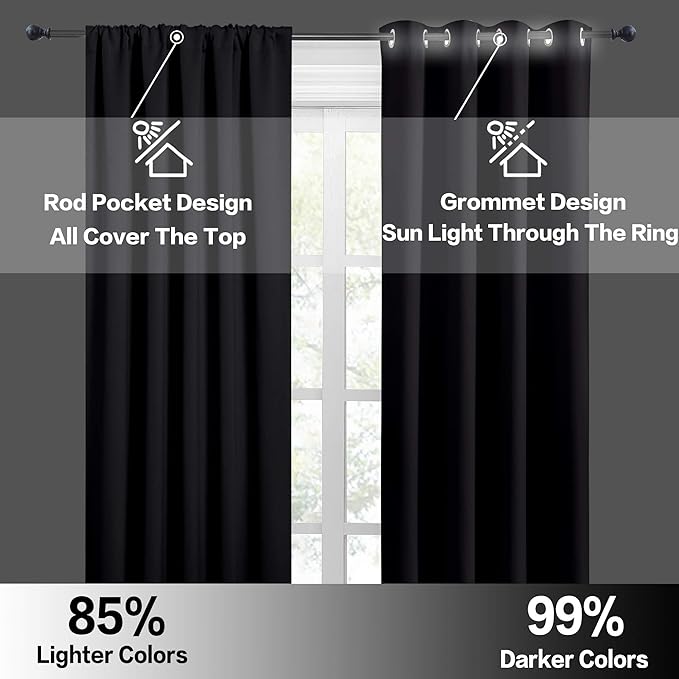 RYB HOME Blackout Privacy Bathroom Window Curtains, Short Thermal Insulated Heat Blocking Privacy Rod Pocket Half Window Curtain Tiers for Nursery Bedroom, Width 42 by Length 30, Black, 2 Panels