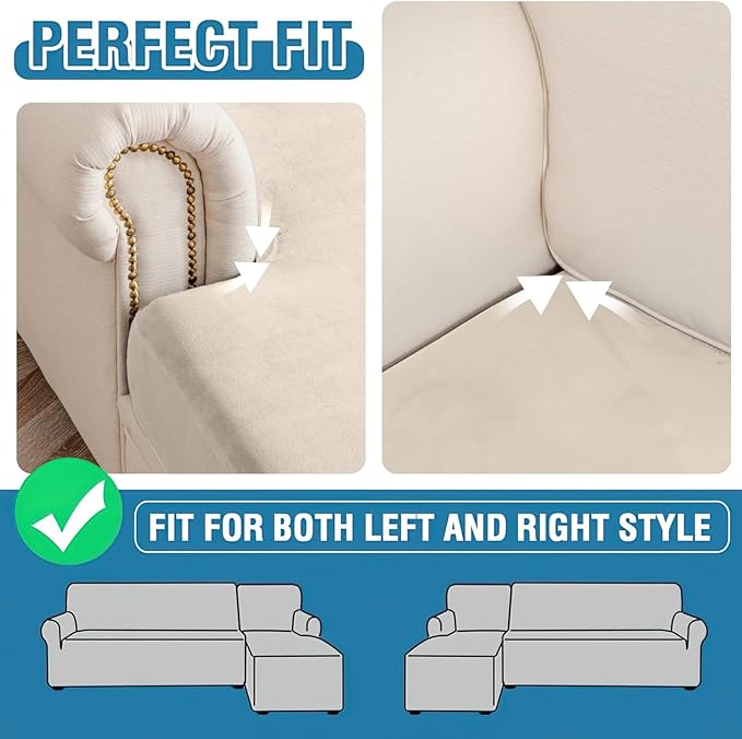 Couch Cover 8-Piece Elastic Velvet Couch Cushion Covers & Chaise Slipcovers for L-Shaped Sofas - Sofa Seat Covers Washable, Soft Protector for Couches (7 Seater + Chaise, Cream)