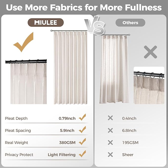 MIULEE Pinch Pleated Thick Linen Curtains 94 Inches Long 2 Panels for Living Room Bedroom, Pinch Pleat Drapes Back Tab Light Filtering Floor to Ceiling Semi Sheer Natural Farmhouse Window Curtains