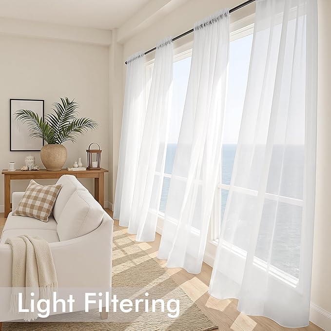 MIULEE White Sheer Curtains 96 Inches Long, 4 Panels Set, Light Filtering Rod Pocket Voile Drapes for Living Room and Bedroom, Airy Soft Fabric Window Treatments, 54 x 96 Inches