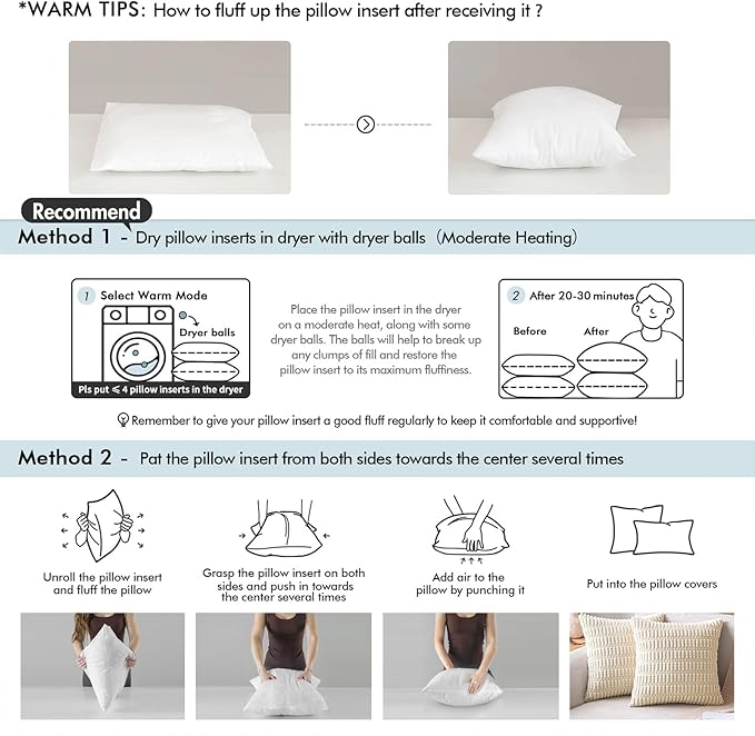 MIULEE Throw Pillows Inserts, Pack of 2 22x22 Inch 100% Virgin Fiber Filling Bed Couch Pillows