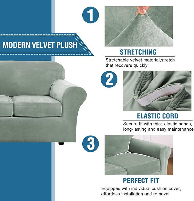 H.VERSAILTEX Modern Velvet Plush 4 Piece High Stretch Sofa Slipcover Sofa Cover Furniture Protector Form Fit Luxury Thick Velvet Sofa Cover for 3 Cushion Couch Width Up to 90 Inch (Sofa, Sea Grass)