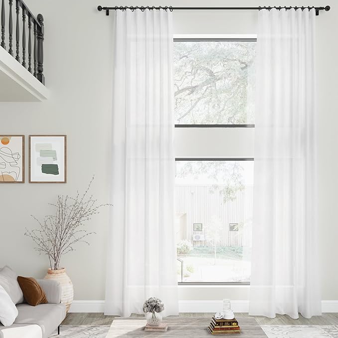 Nanspring White Linen Curtains 127 Inches Long 2 Panels Set for Living Room Extra Long Back Tab Curtains Farmhouse Semi Sheer Light Filtering Linen Drapes Ceiling to Floor for Large Window 52x127