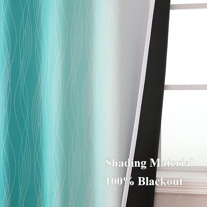 Estelar Textiler Teal and Greyish White Blackout Curtains 54 Inch Length, Light Blocking Gradient Grommet Drapes for Living Room, Thermal Insulated Ombre Curtains for Bathroom,52Wx54L,2 Panels