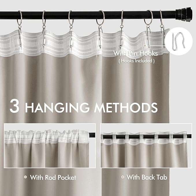 MIULEE Natural Back Tab Blackout Curtains 108 Inch Long 2 Panels Set for Bedroom, Rod Pocket/Pinch Pleat Extra Long Thermal Insulated Living Room Darkening Pleated Light Blocking Drapes