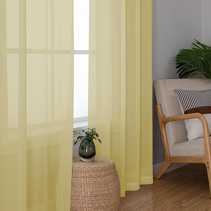 Chyhomenyc Mustard Yellow Sheer Curtains 108 Inches Long - Light Filtering Elegant Voile Extra Long Panel Drapes for Living Room Floor to Ceiling Window, Each 42Wx108L Inch, 9FT, 2 Panels