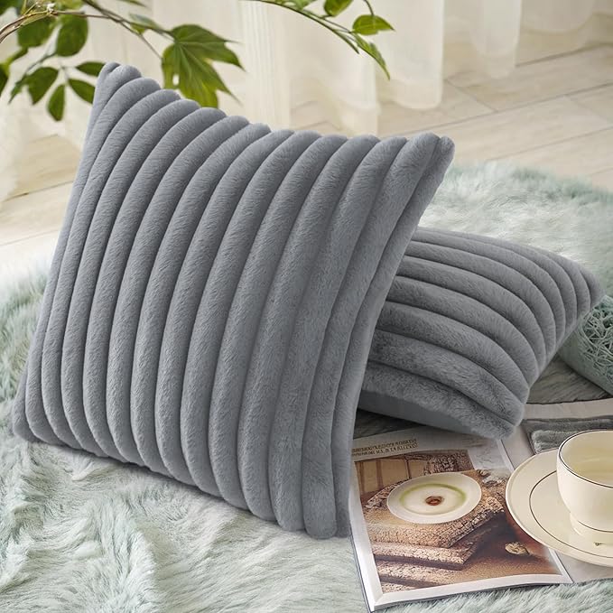 decorUhome Cozy Faux Fur Throw Pillow Covers 24x24 Set of 2 Decorative Soft Plush Striped Modern Farmhouse Boho Couch Euro Sham Pillow Cases with Velvet Back for Sofa Bed Living Room, Grey