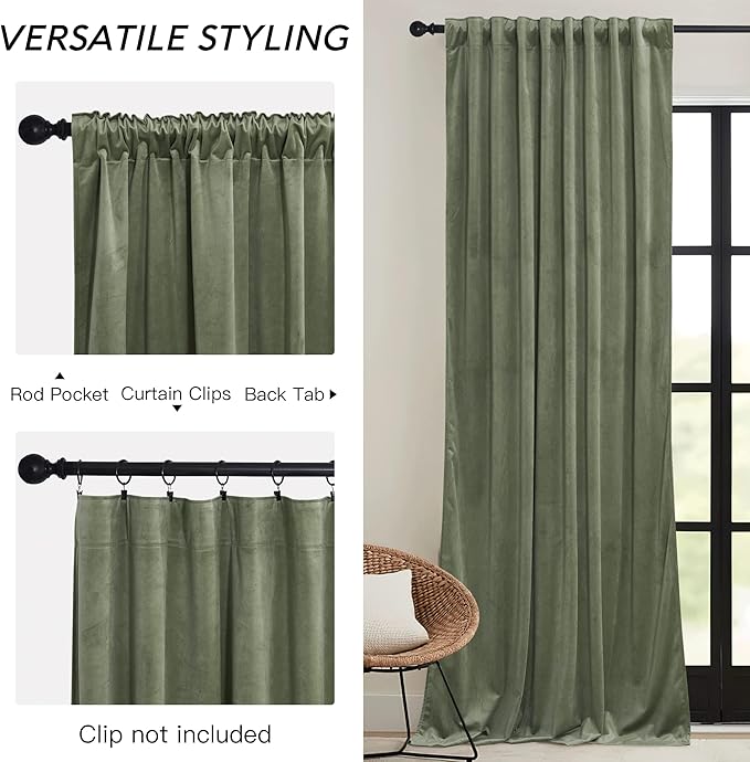 RYB HOME Sage Green Velvet Curtains 63 inches Length with Hook Tape, Thermal Insulated Privacy Protect Decorative Drapes for Bathroom Window, W 42 x L 63 inches, 2 Panels Set