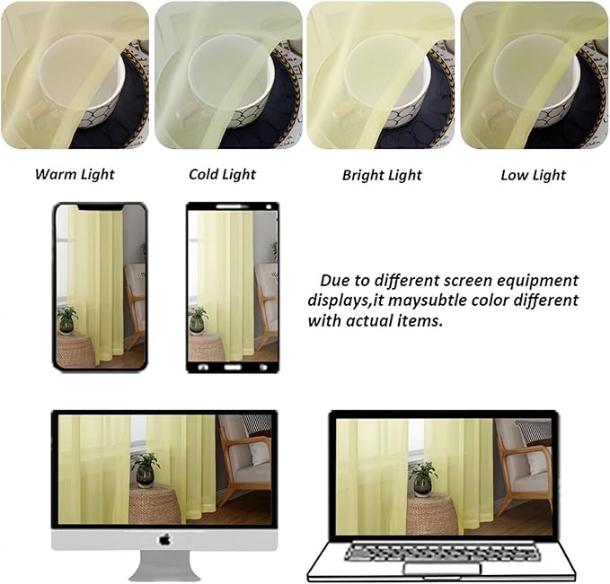 Chyhomenyc Sheer Curtains 84 Inches Long 2 Panels Set - Light Filtering Soft Airy Window Curtains, Rod Pocket for Living Room Bedroom Window Drapes, 42Wx84L Inch, Light Yellow