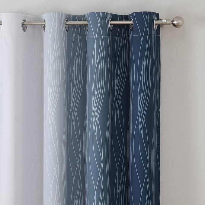 Estelar Textiler Blackout Curtains 102 Inches Long 2 Panels for Living Room, Navy Blue and Greyish White Thermal Insulated Full Light Blocking Ombre Grommet Drapes for Bedroom, 52Wx102L