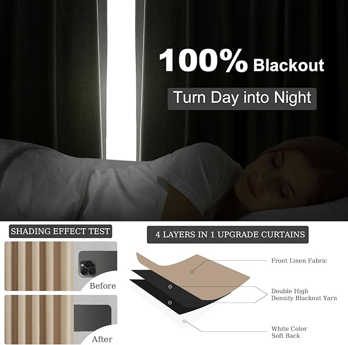 Topfinel Blackout Large Curtains for Living Room 108 Inch Long,Full Light Blocking Linen Blend Curtains with Hooks,Pinch Pleat Look Drapes for Office Bedroom Apartment,2 Panels,Taupe Tan