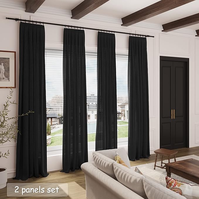 Extra Long Black Curtain 108 inches Long 2 Panels Set for Living Room Back Tab Modern Farmhouse Muslin Look Decor Cotton Textured Sheer Linen Curtains 108 inch Length for Large Window 9 FT Tall
