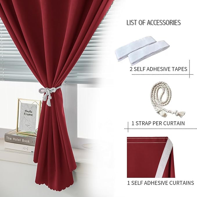 Self Adhesive Curtains, Stick Curtain Blackout Shades Window Cover Curtains for Living Room No Drilling, 47" W X 79" L, Burgundy, 1 Panel