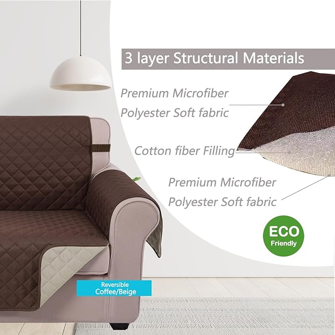 U-NICE HOME Reversible Oversized Chair Covers Quilted Water Repellent Pet Protectors with Elastic Straps(28''Armchair, Coffee/Beige)