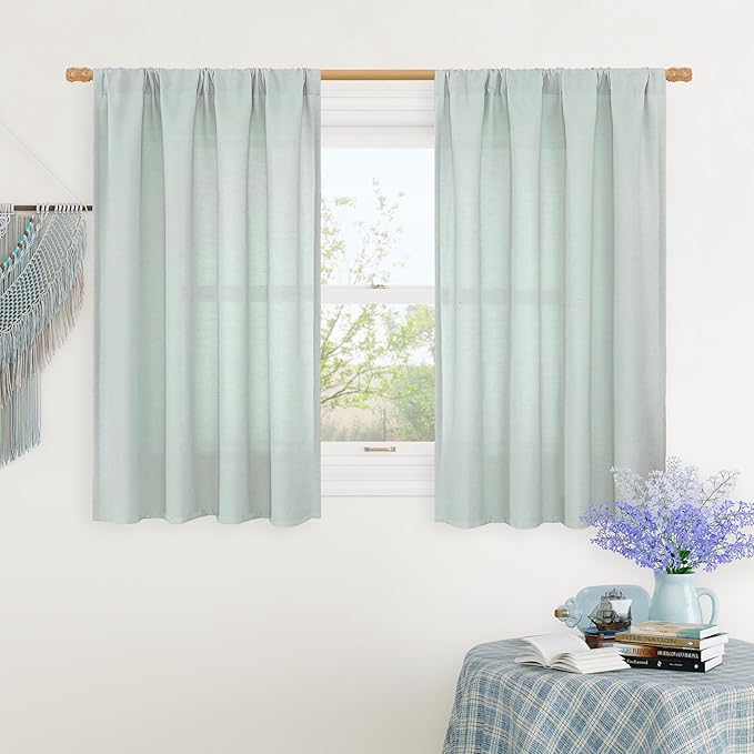 LAMIT 48 Inch Short Window Linen Curtains, Soft Faux Linen Light Filtering Panels Rod Pocket Neutral Drapes for Cafe/Bathroom/Loft Room, Light Blue, 2 Panels, 42 x 48 Inch
