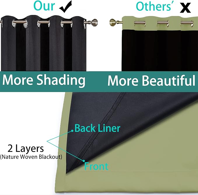 Yakamok 100% Blackout Window Curtain Panels, Heat and Full Light Blocking Drapes with Black Liner for Nursery,Thermal Insulated Draperies (Sage, 2 Pieces, 52Wx90L)