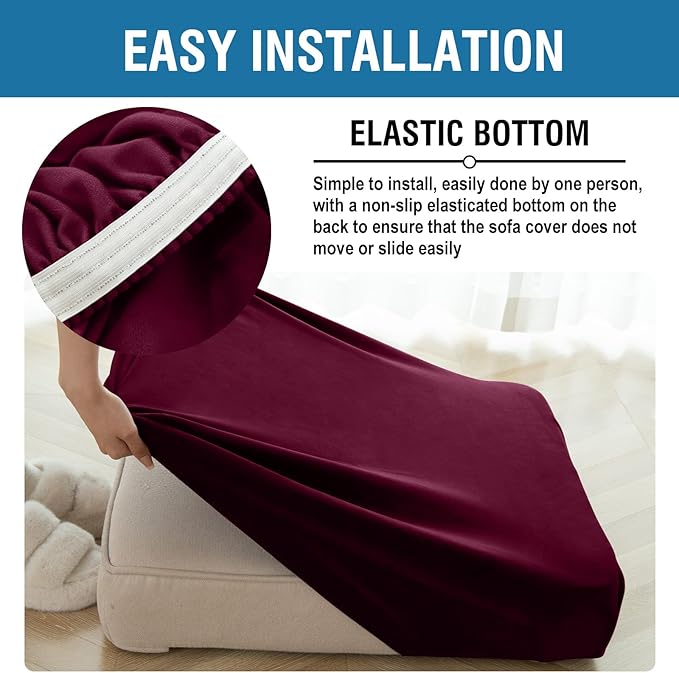 Couch Cover 8-Piece Elastic Velvet Couch Cushion Covers & Chaise Slipcovers for L-Shaped Sofas, Sofa Seat Covers Washable, Soft Cover for Couches (7 Seater + Chaise, Wine)