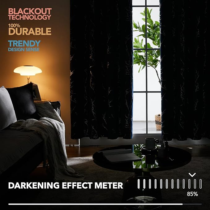Deconovo Black Blackout Curtains, Thermal Insulated Soundproof Privacy Curtain Drapes, Branch Foil Print, 42 x 63 Inch Long, 2 Panels, Machine‑Washable Window Panel for Bedroom Living Room Office Home