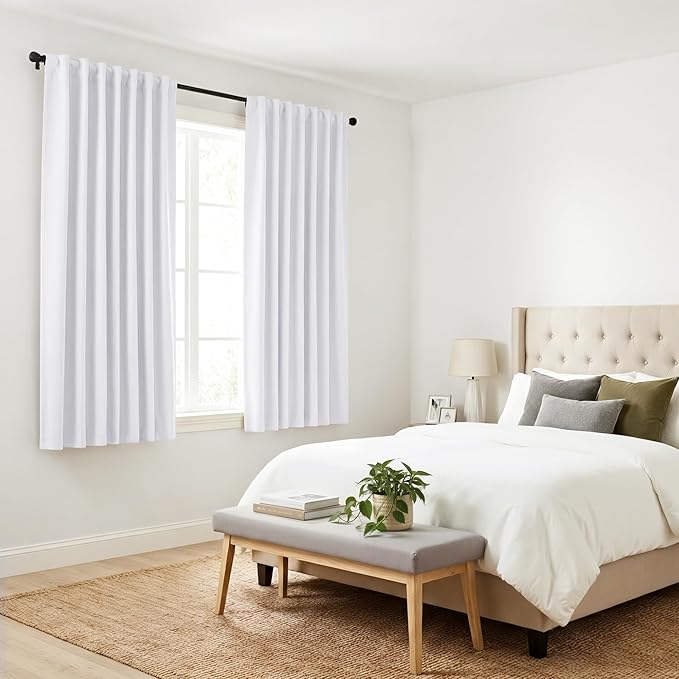 PONY DANCE White 50% Lighting Blocking Curtains for Kitchen, Short Non-See-Through Thermal Insulated Room Darkening Back Tab Small Drapes for Nursery Bedroom Window, W52 x L45, Pure White, 2 Panels